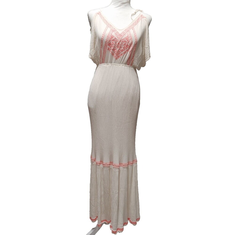 Flying Tomato Maxi Gauzy Prairie Dress Cream Neon Orange Embroidered Ivory Med